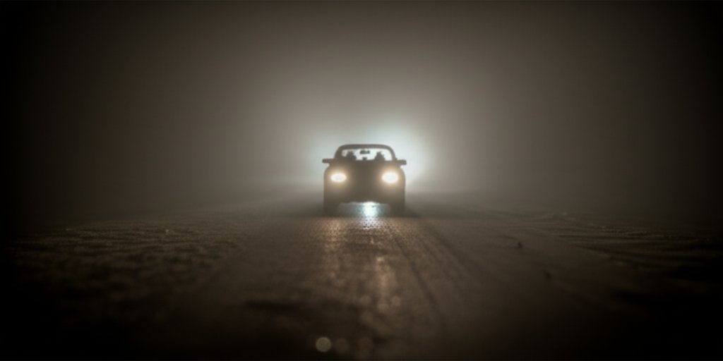 Fog-covered road at night